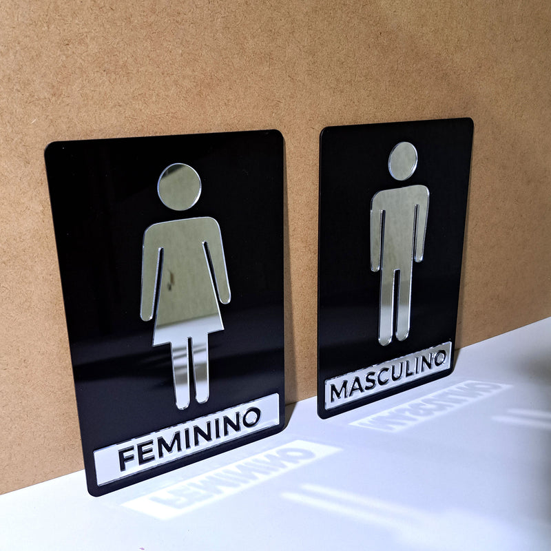 Kit Placa Acrílico Espelhado Para Porta Banheiro Feminino e Masculino - Placa Sinalizadora - Espelhada